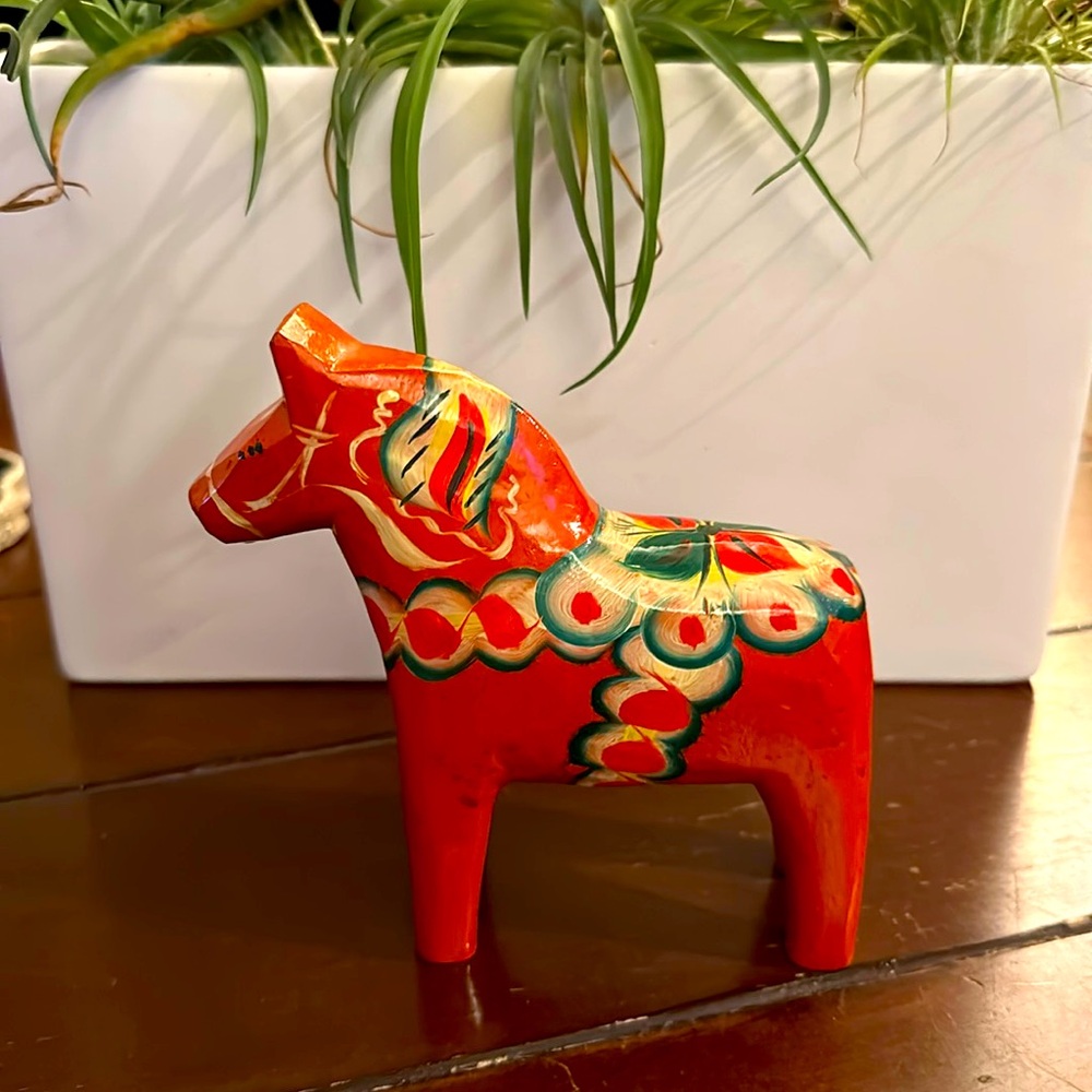 Vintage Nils Olsson Orange Wooden Dala Horse Akta Dalahemslojd Sweden